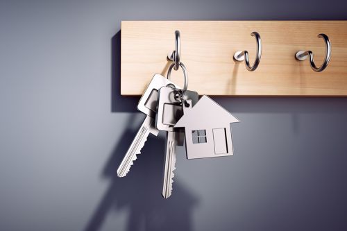 Foto: Schlüsselbund mit Schlüsselanhänger in Hausform auf Schlüsselwand